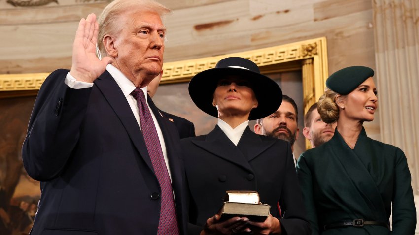 John Roberts, chief justice of the US Supreme Court, not pictured, administers the oath of office to US President-elect Donald Trump during the 60th presidential inauguration in the rotunda of the US Capitol in Washington, DC, US, on Monday, Jan. 20, 2025. President Donald Trump launched his second term with a strident inaugural address that vowed to prioritize Americas interests with a “golden age” for the country, while taking on “a radical and corrupt establishment.” Photographer: Chip Somodevilla/Getty Images/Bloomberg via Getty Images